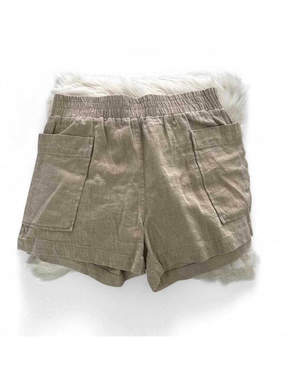 ANKNYCJ Women's Beige Linen Elastic Waist Shorts Medium
